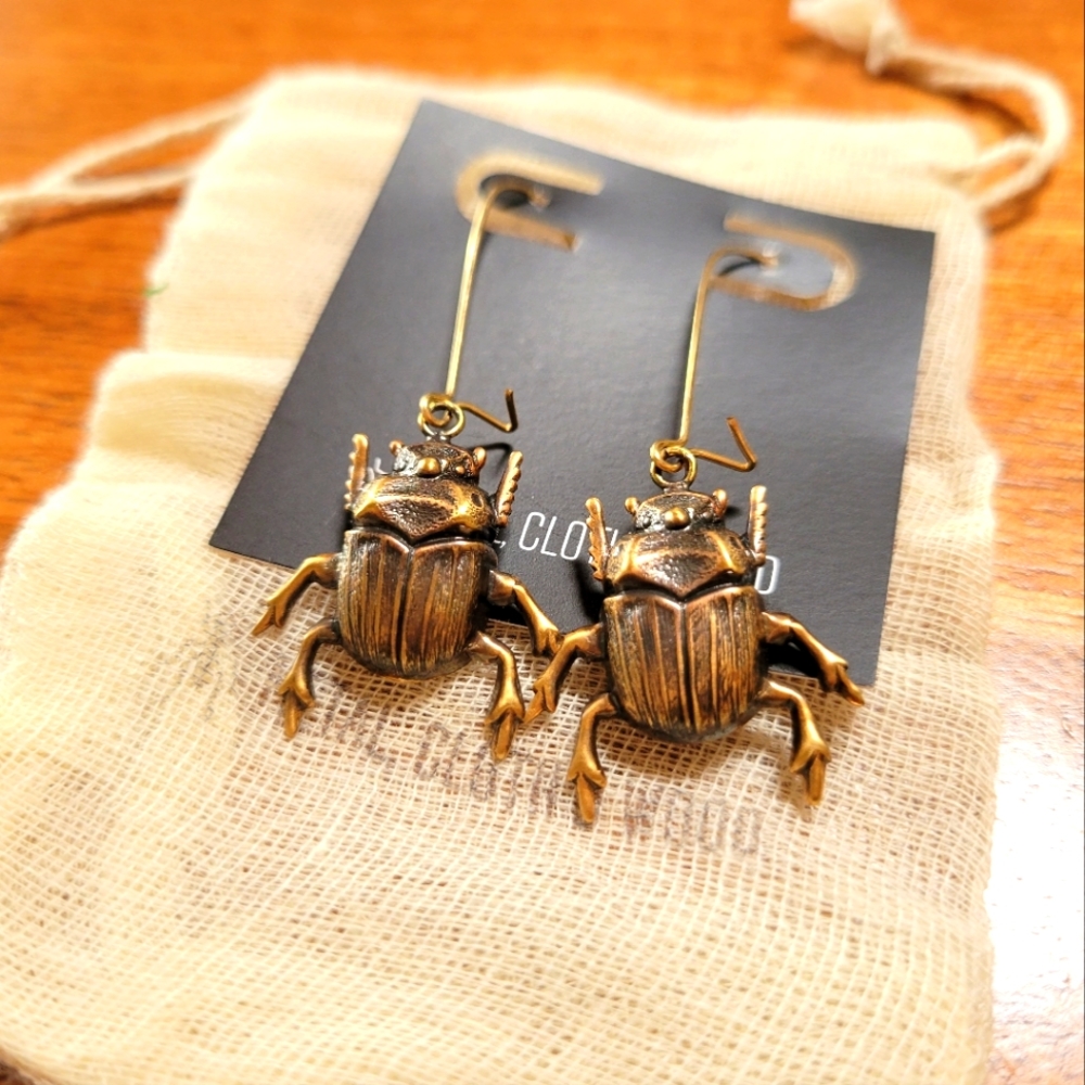 Beetle Scarab Brass Colored Dangle Earrings